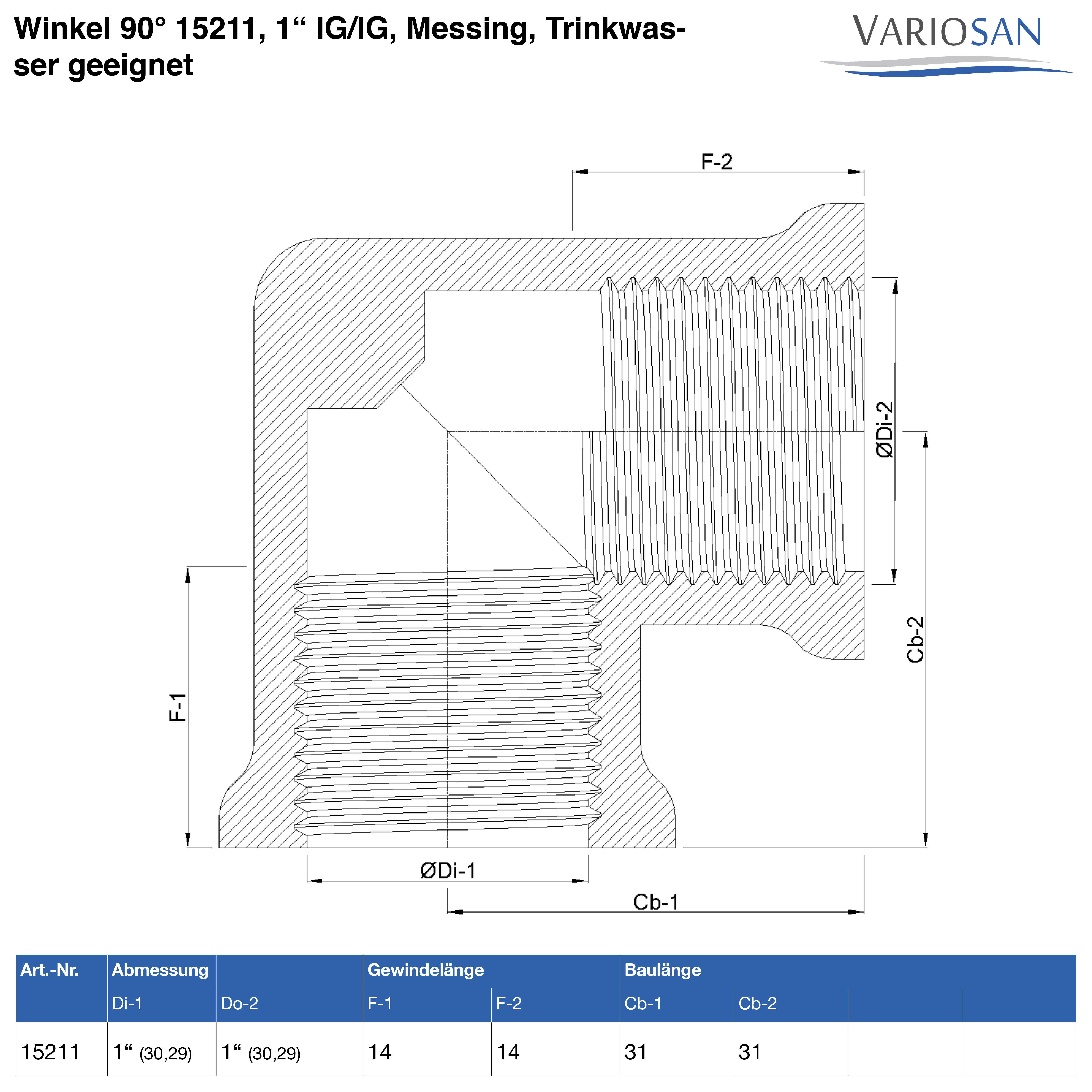 VARIOSAN Winkel 90° 15211, 1" IG/IG, Messing, Trinkwasser geeignet