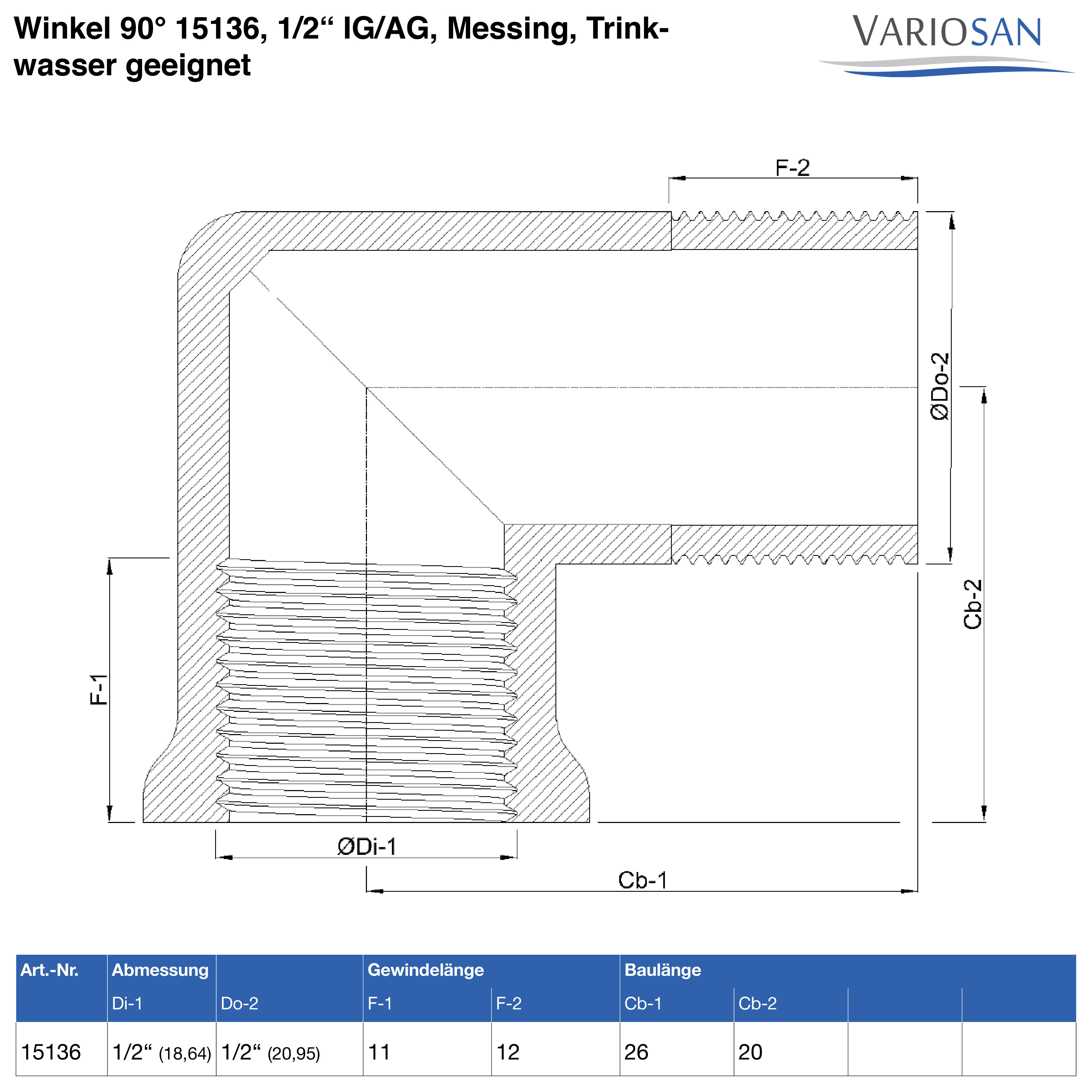 VARIOSAN Winkel 90° 15136, 1/2" IG/AG, Messing, Trinkwasser geeignet