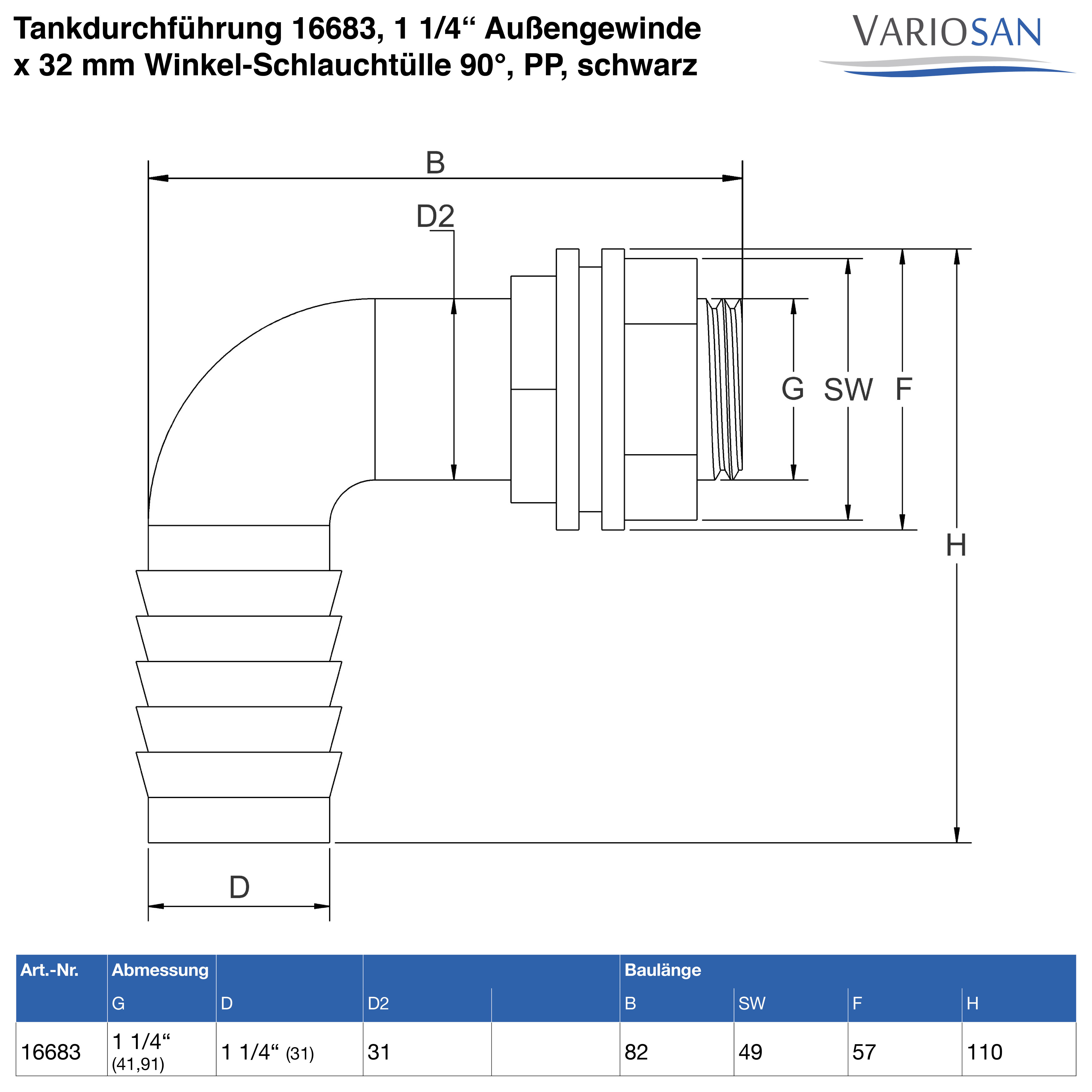 VARIOSAN Tankdurchführung 16683, 1 1/4" Außengewinde x 32 mm Winkel-Schlauchtülle 90°, PP, schwarz, inkl. Dichtung