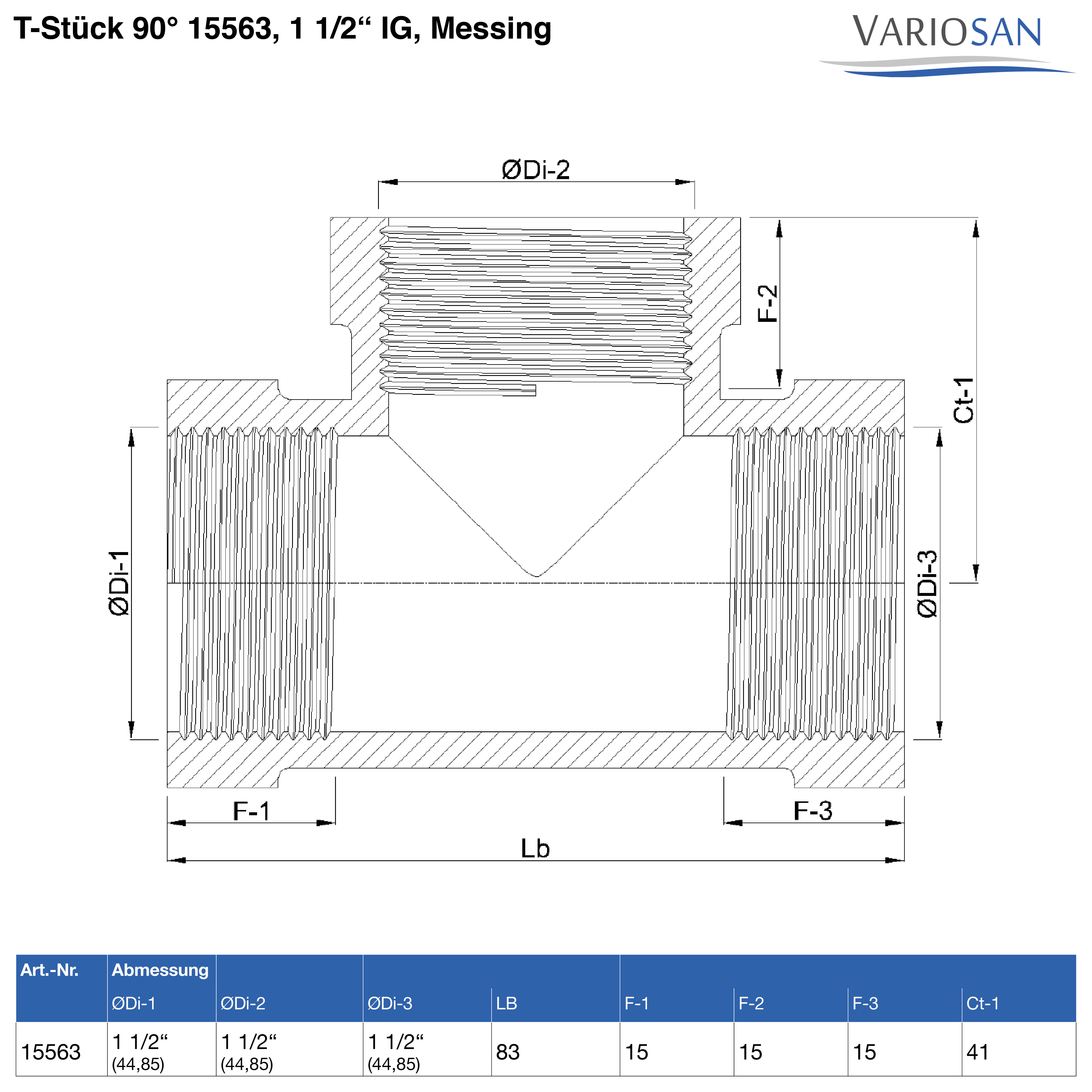 VARIOSAN T-Stück 90° 15563, 1 1/2" IG, Messing