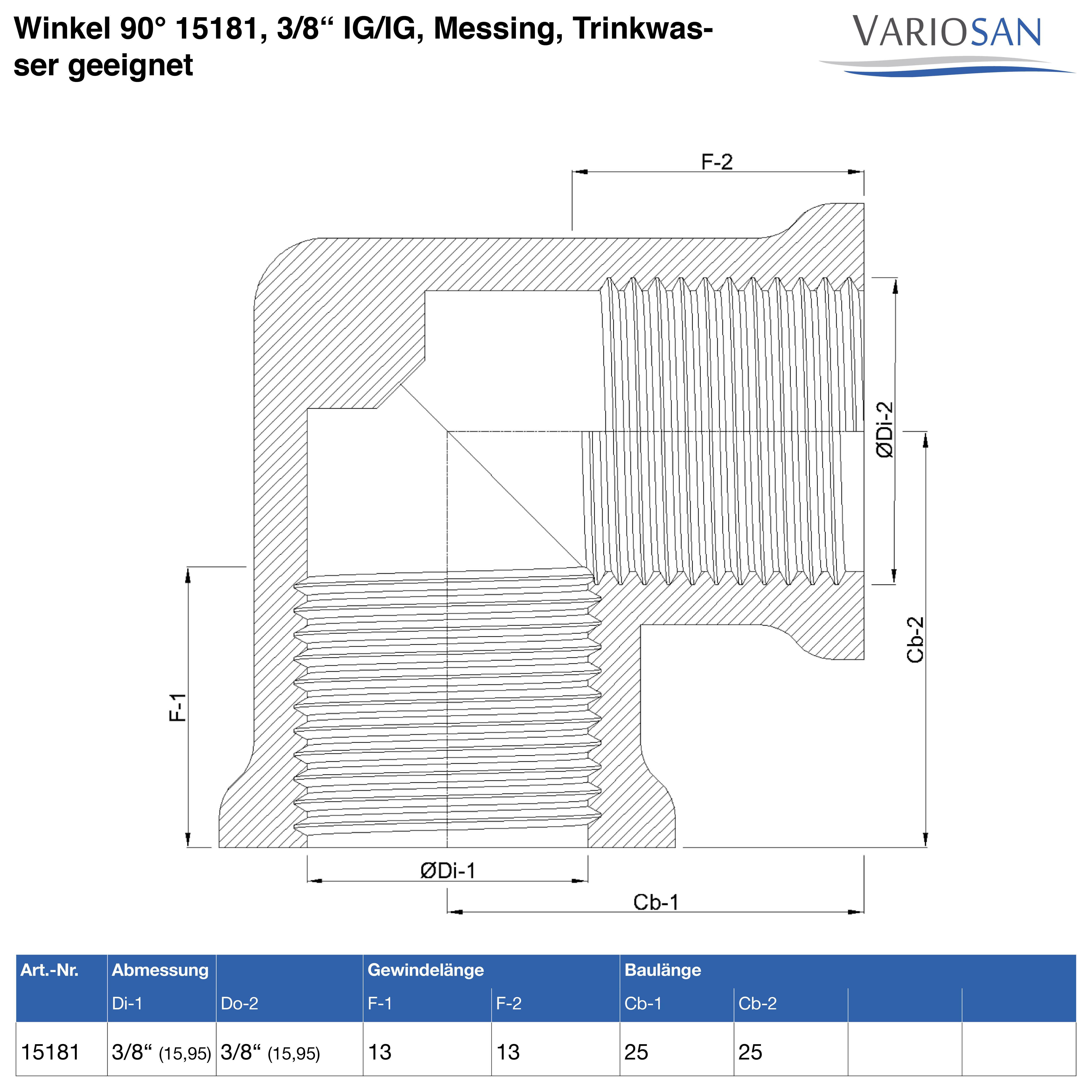 VARIOSAN Winkel 90° 15181, 3/8" IG/IG, Messing, Trinkwasser geeignet