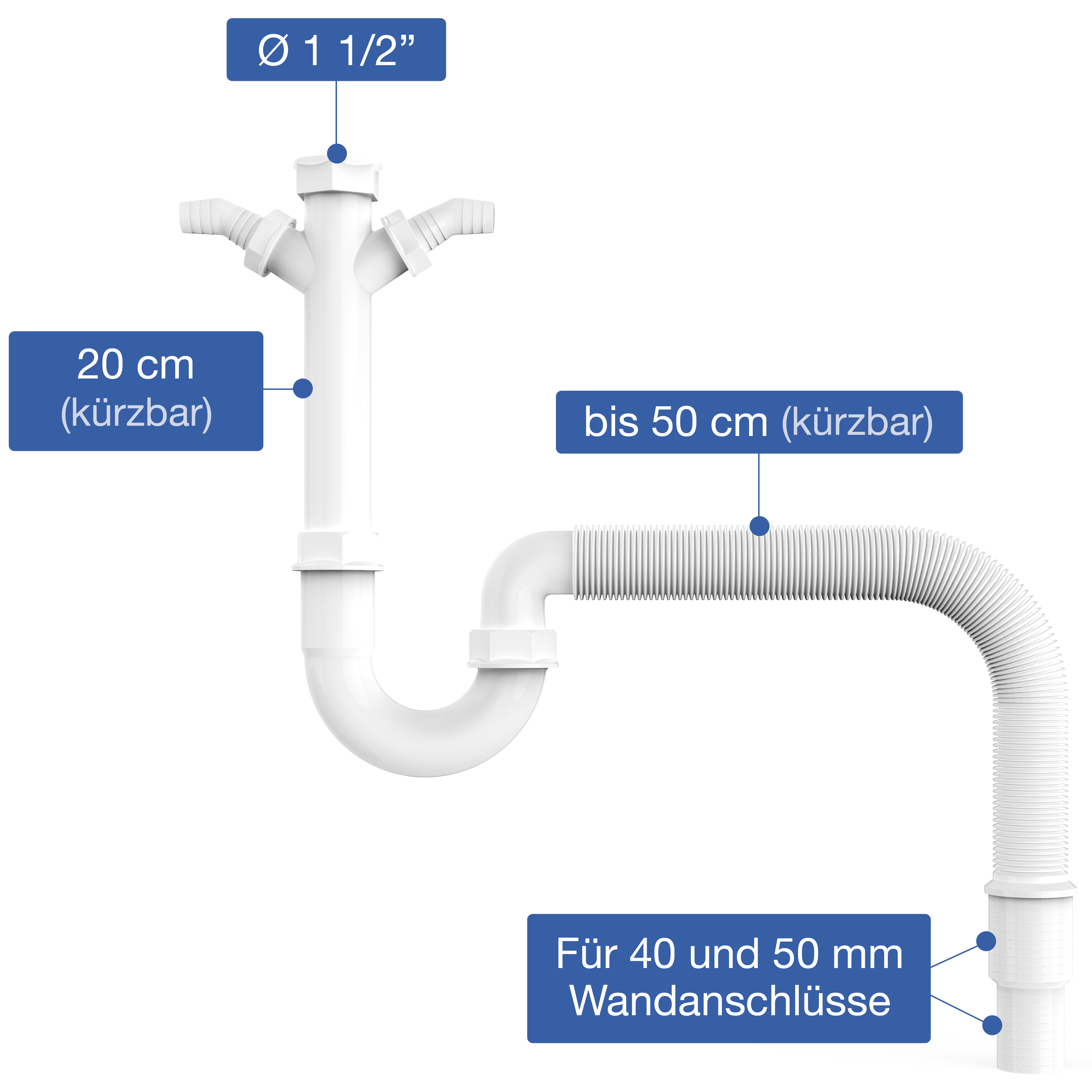 VARIOSAN Flexibler Röhrensiphon 11497, 1 1/2", 2 Siphon-Geräteanschlüsse 1", für Küchenspüle, Spülmaschine und Waschmaschine