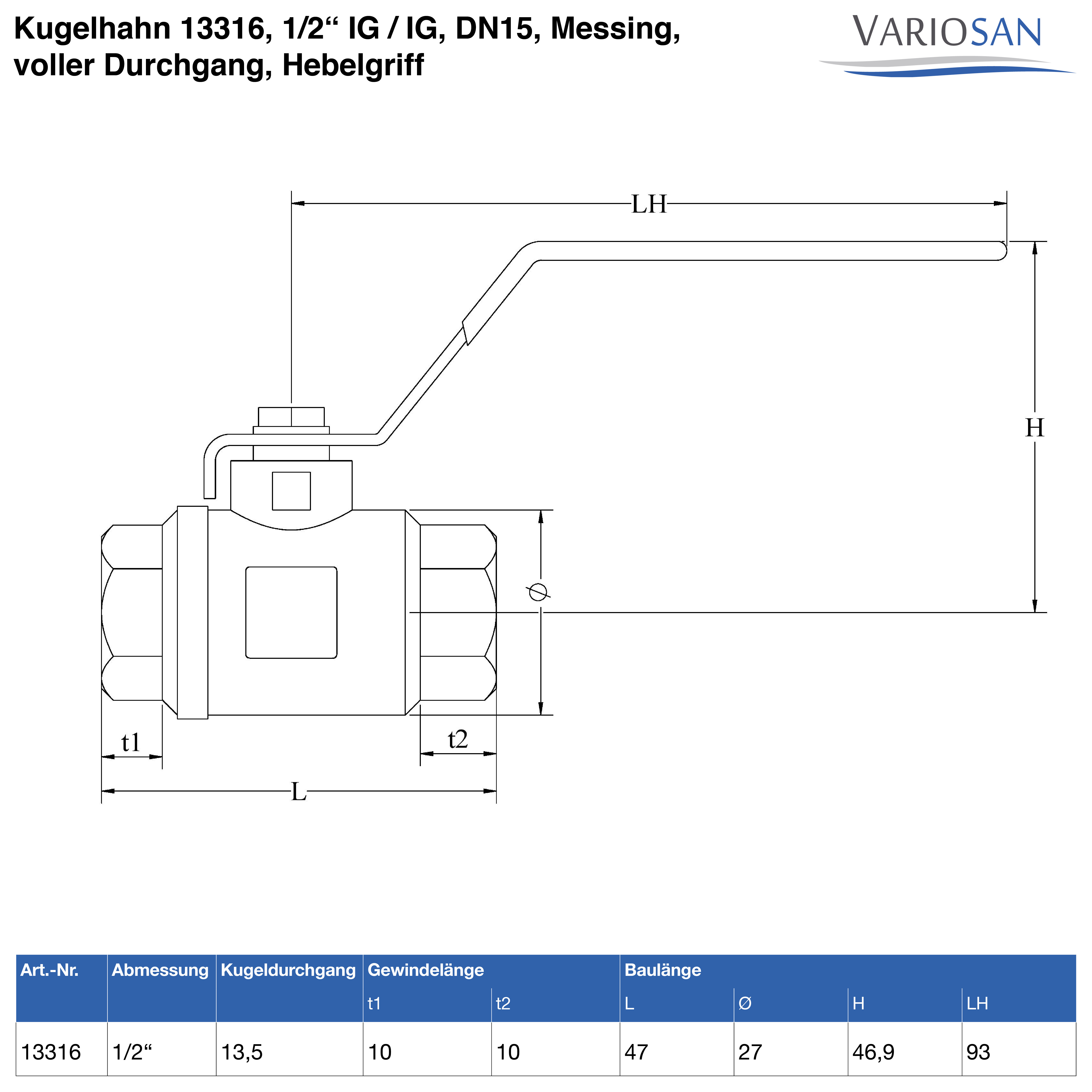 VARIOSAN Kugelhahn 13316, 1/2" IG / IG, DN15, Messing, voller Durchgang, Hebelgriff