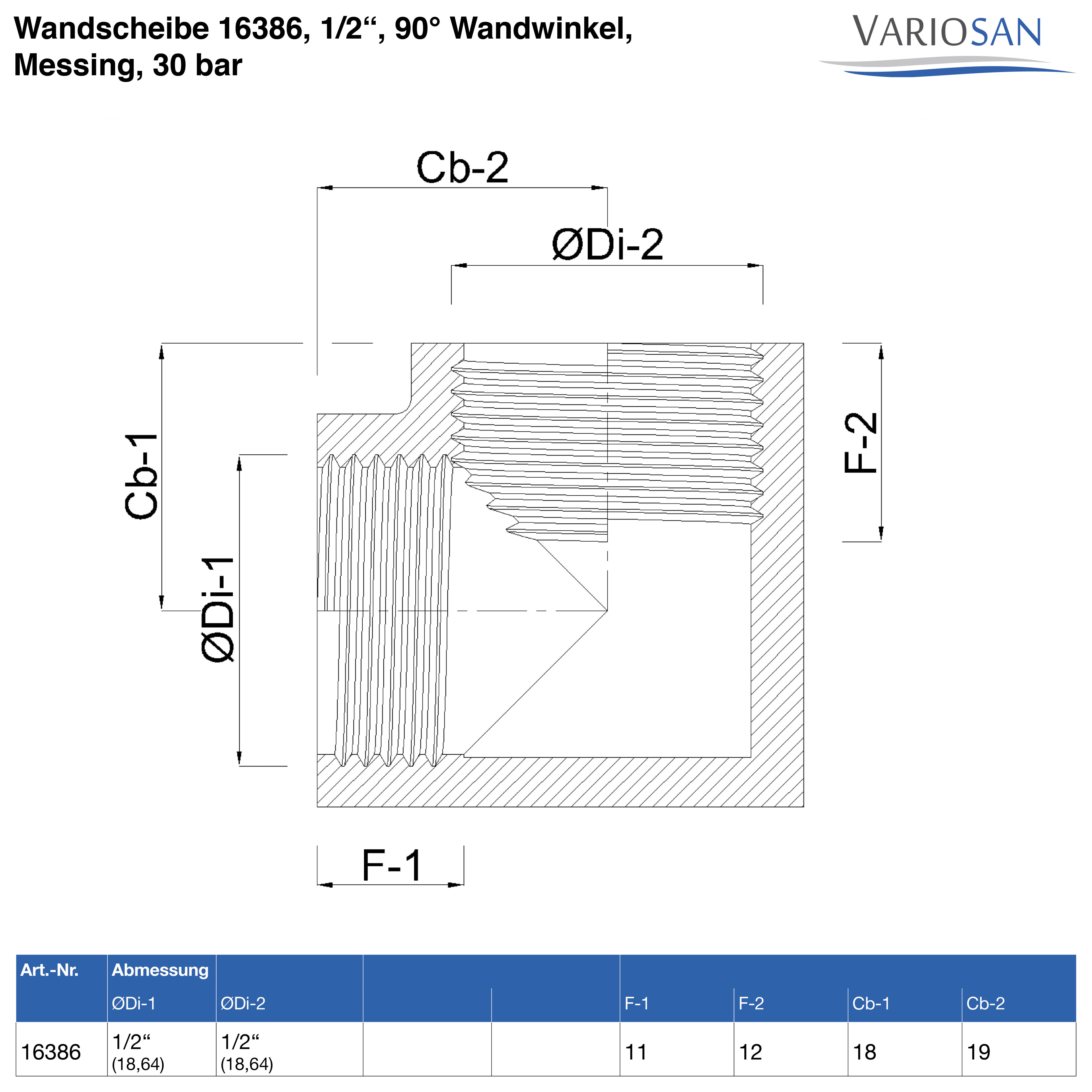 VARIOSAN Wandscheibe 16386, 1/2", 90° Wandwinkel, Messing, 30 bar