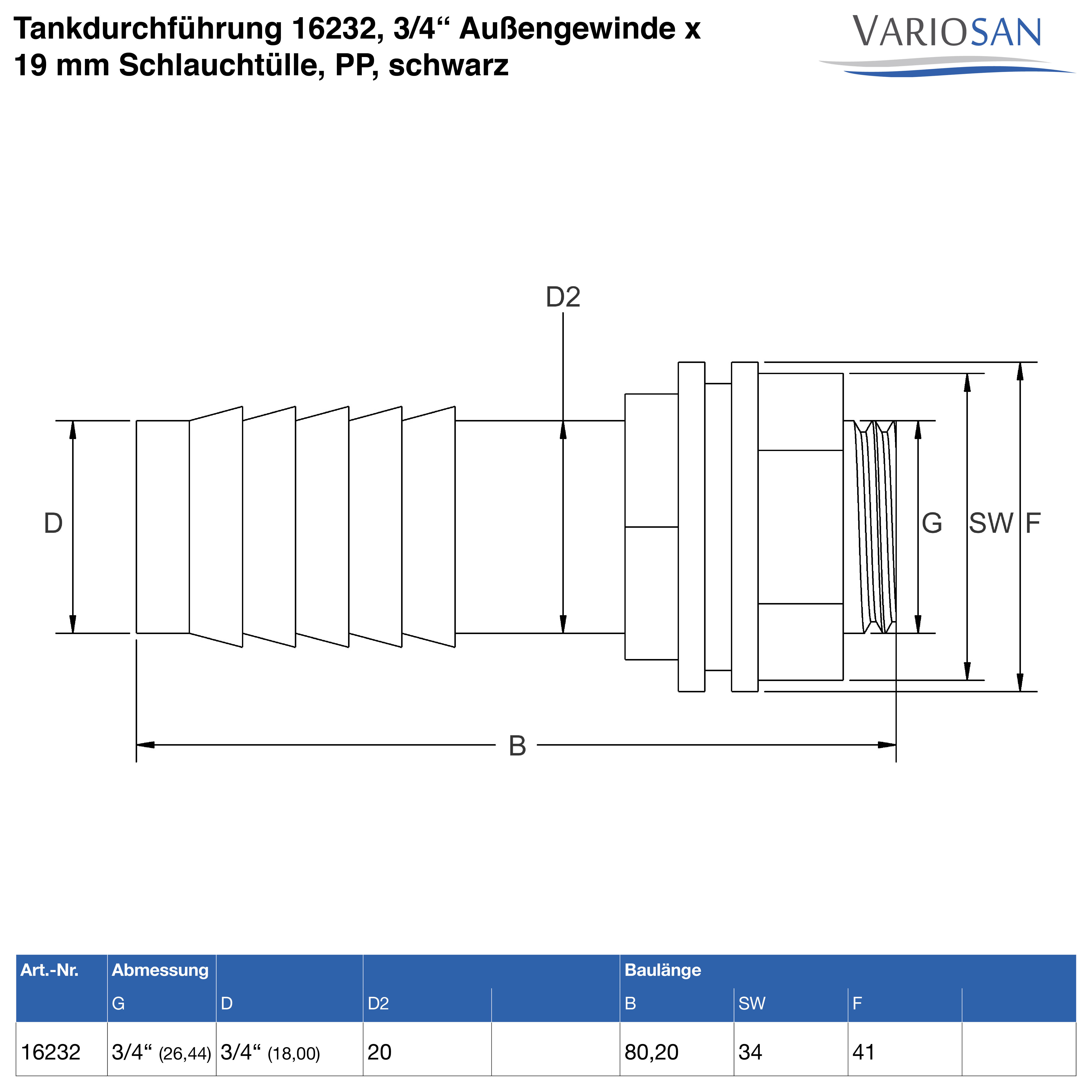 VARIOSAN Tankdurchführung 16232, 3/4" Außengewinde x 19 mm Schlauchtülle, PP, schwarz, inkl. Dichtung