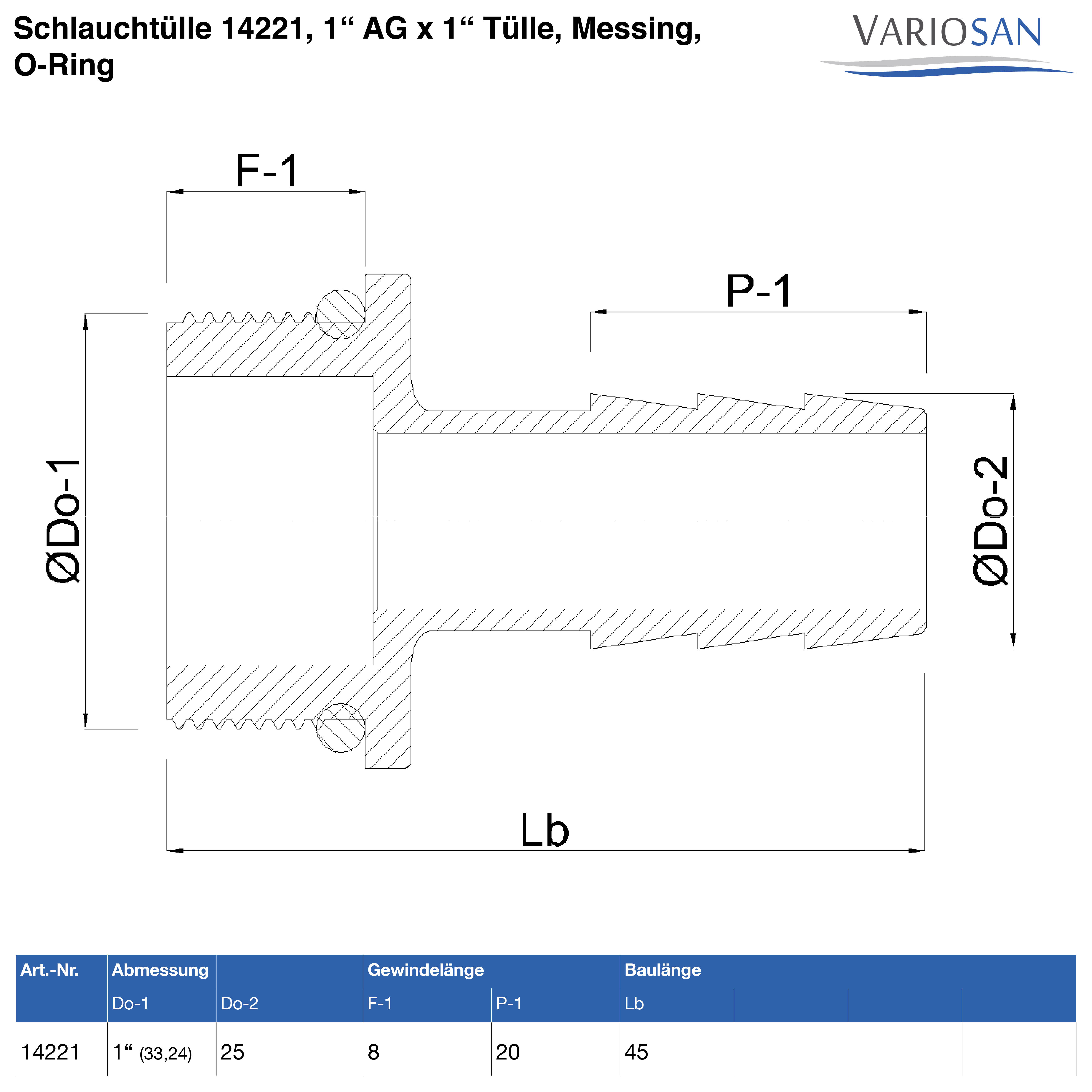 VARIOSAN Schlauchtülle 14221, 1" AG x 1" Tülle, Messing, O-Ring