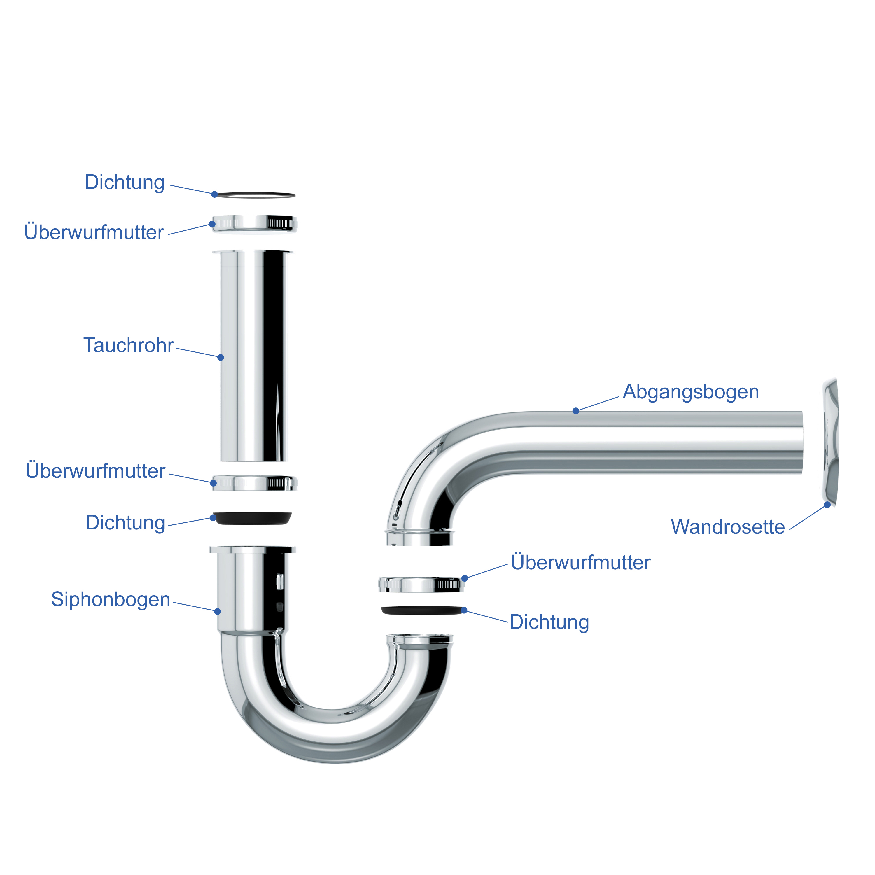 VARIOSAN Universal Röhrensiphon / Siphon für Waschbecken PLUS 14993, 1 1/4" x 32 mm, Edelstahl, verchromt