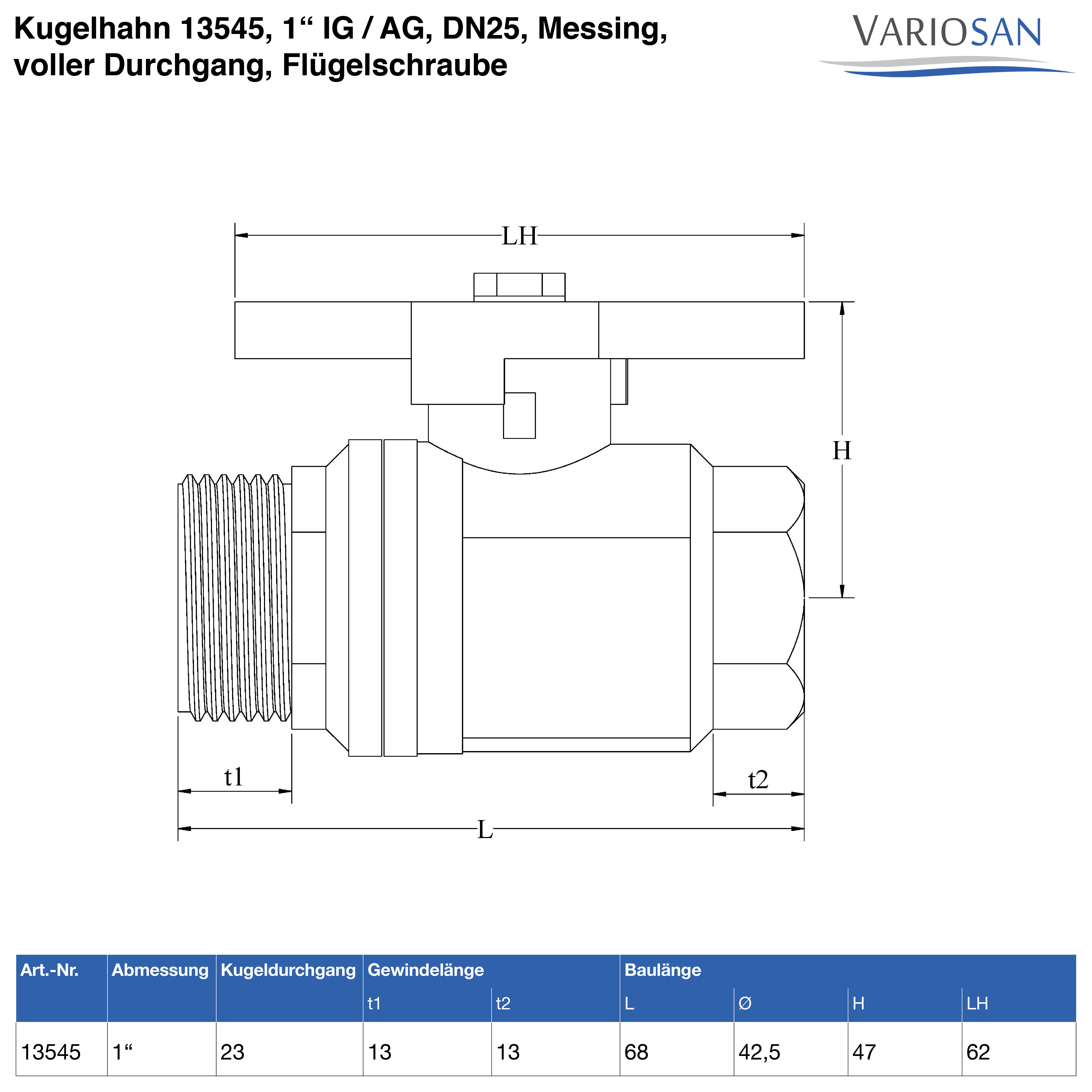 VARIOSAN Kugelhahn 13545, 1" IG / AG, DN25, Messing, voller Durchgang, Flügelschraube