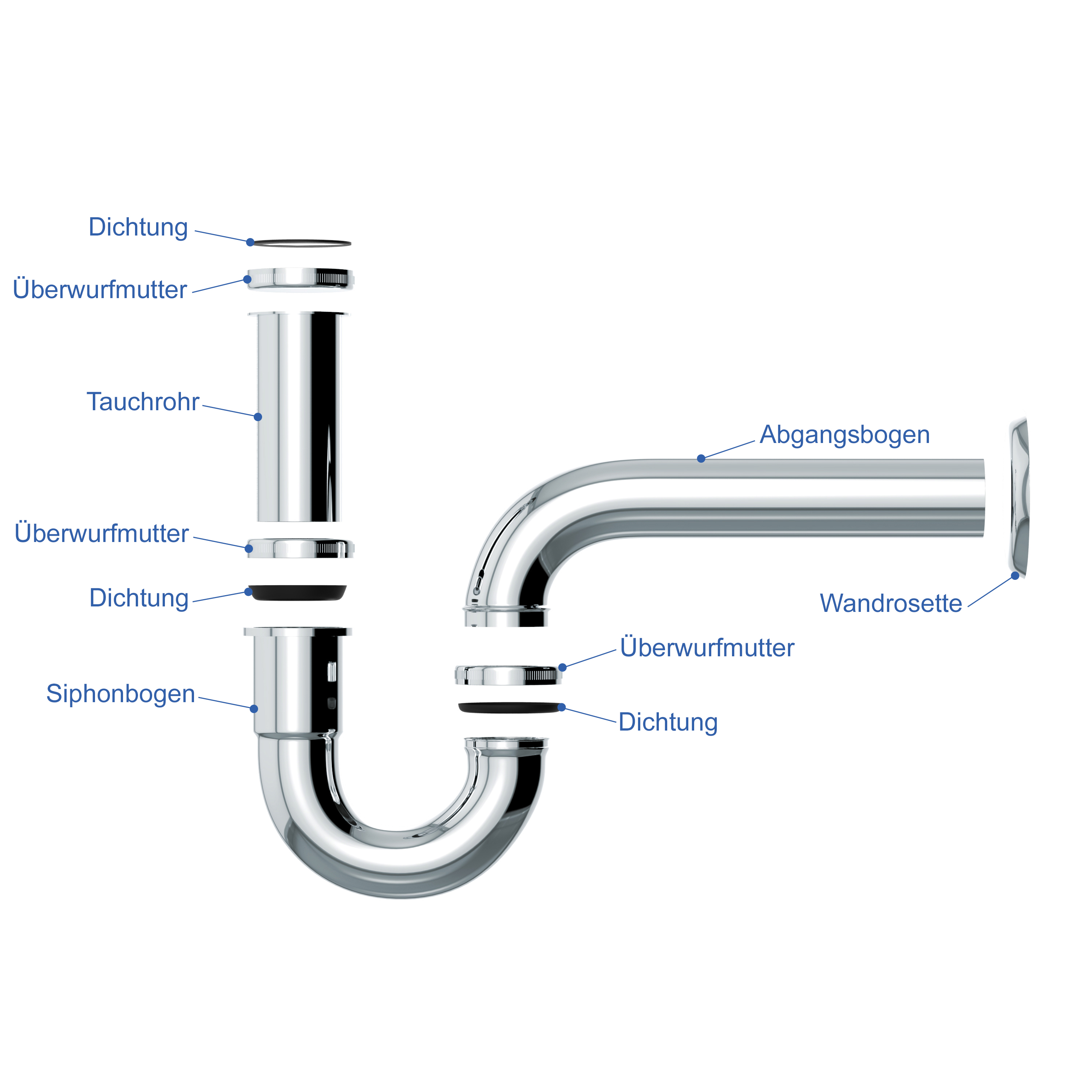 VARIOSAN Universal Röhrensiphon / Siphon für Waschbecken 12951, 1 1/4" x 32 mm, Edelstahl, verchromt