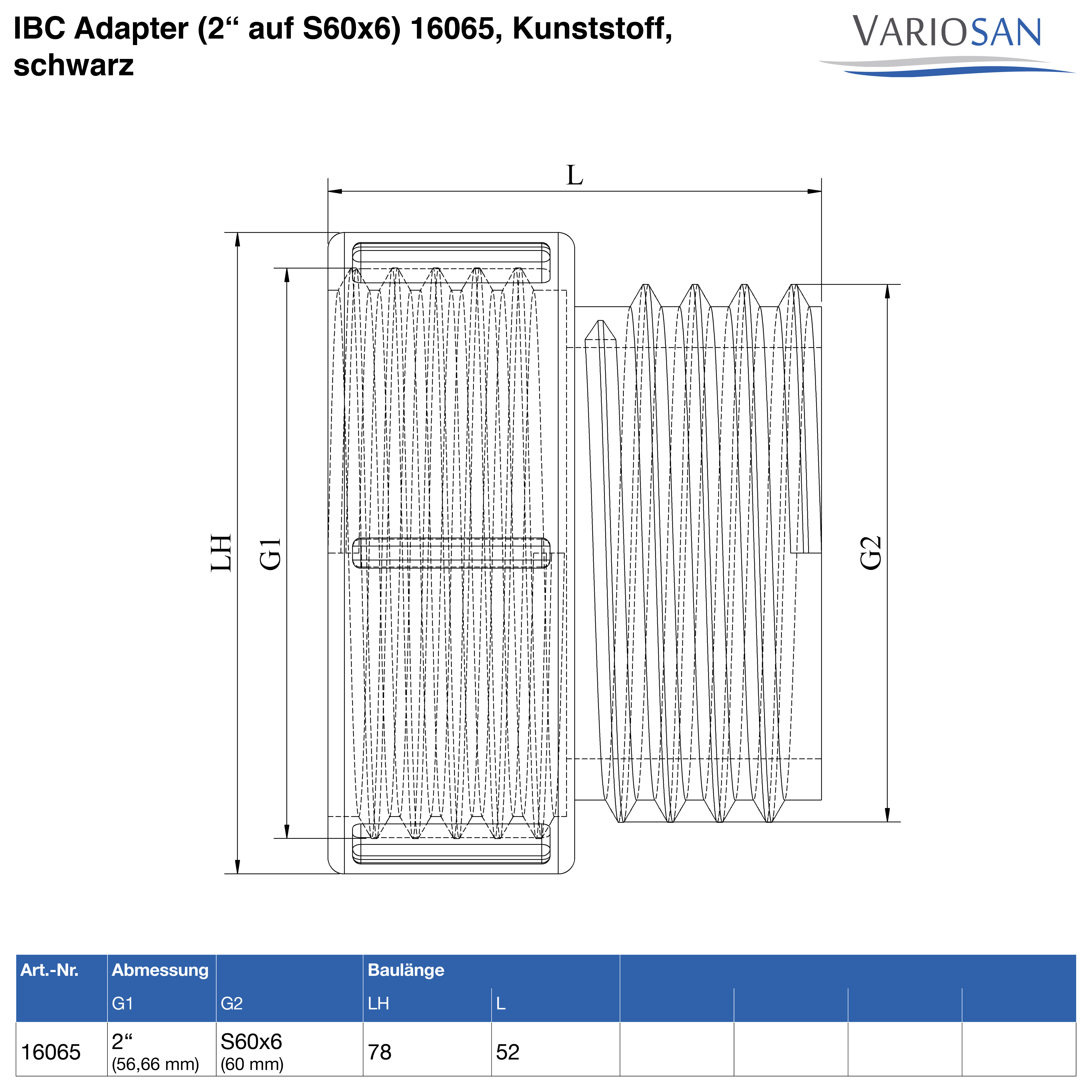 VARIOSAN IBC Adapter (2" auf S60x6) 16065, Kunststoff, schwarz