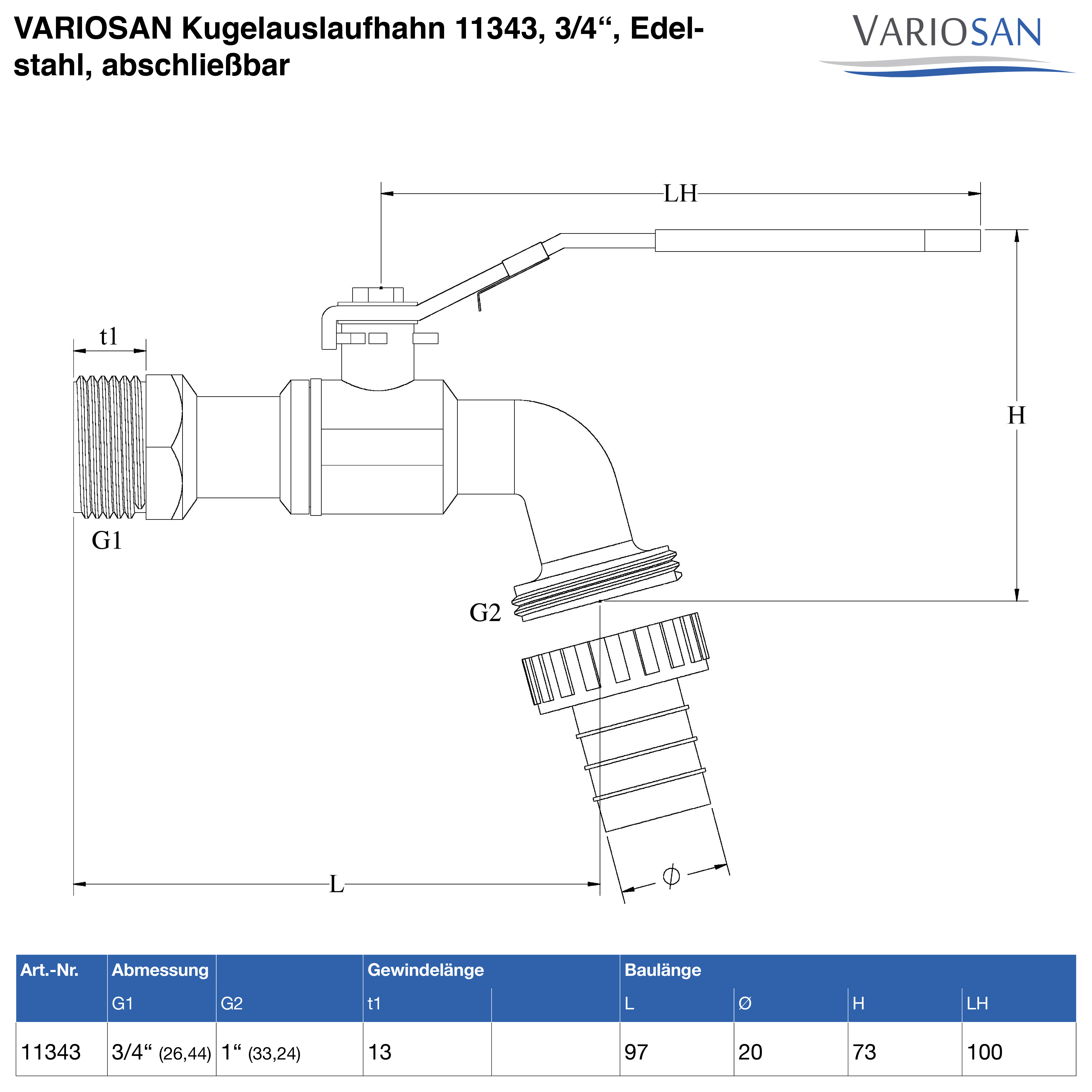 VARIOSAN Kugelauslaufhahn 11343, 3/4", Edelstahl, abschließbar, mit Schlauchverschraubung