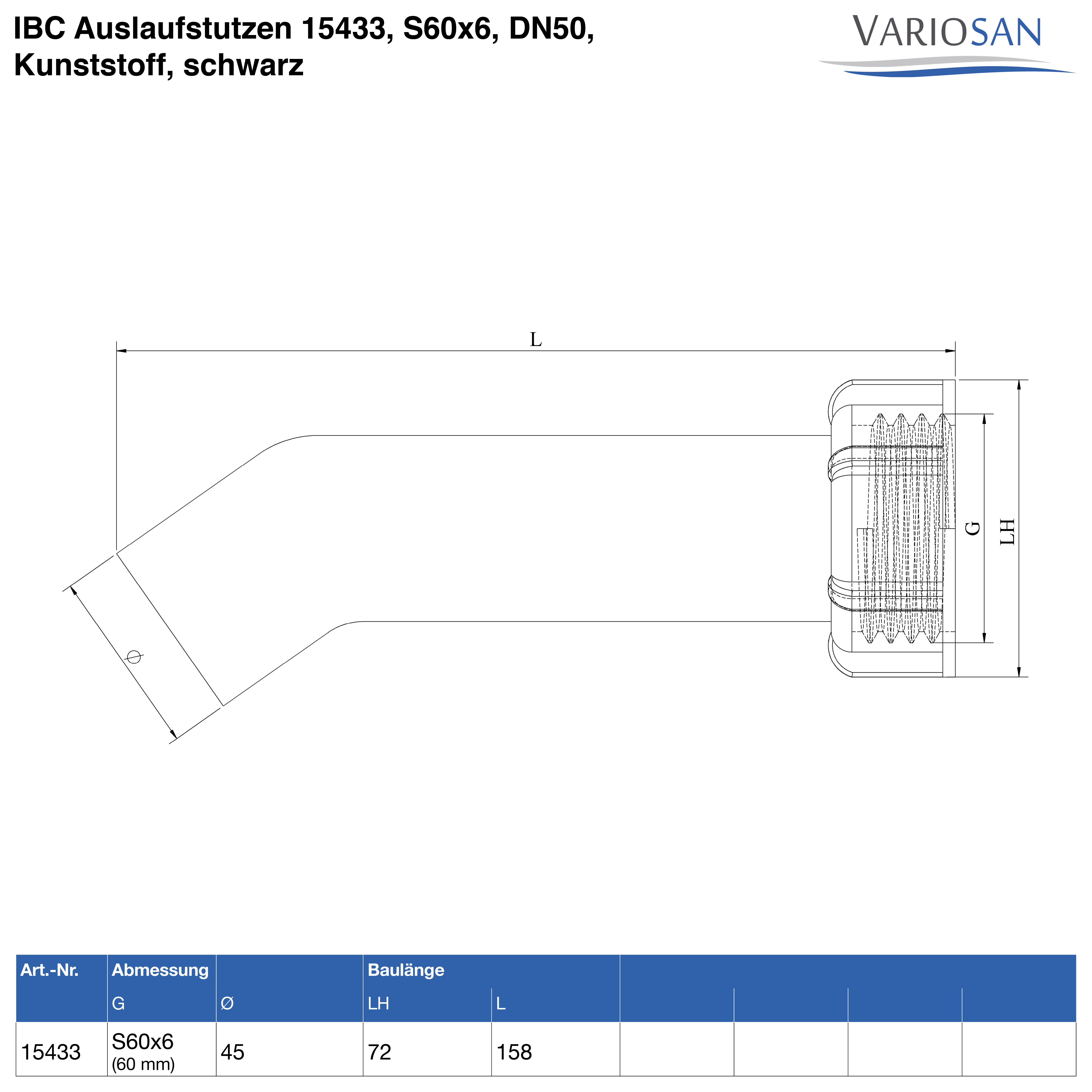 VARIOSAN IBC Auslaufstutzen 15433, S60x6, DN50, Kunststoff, schwarz