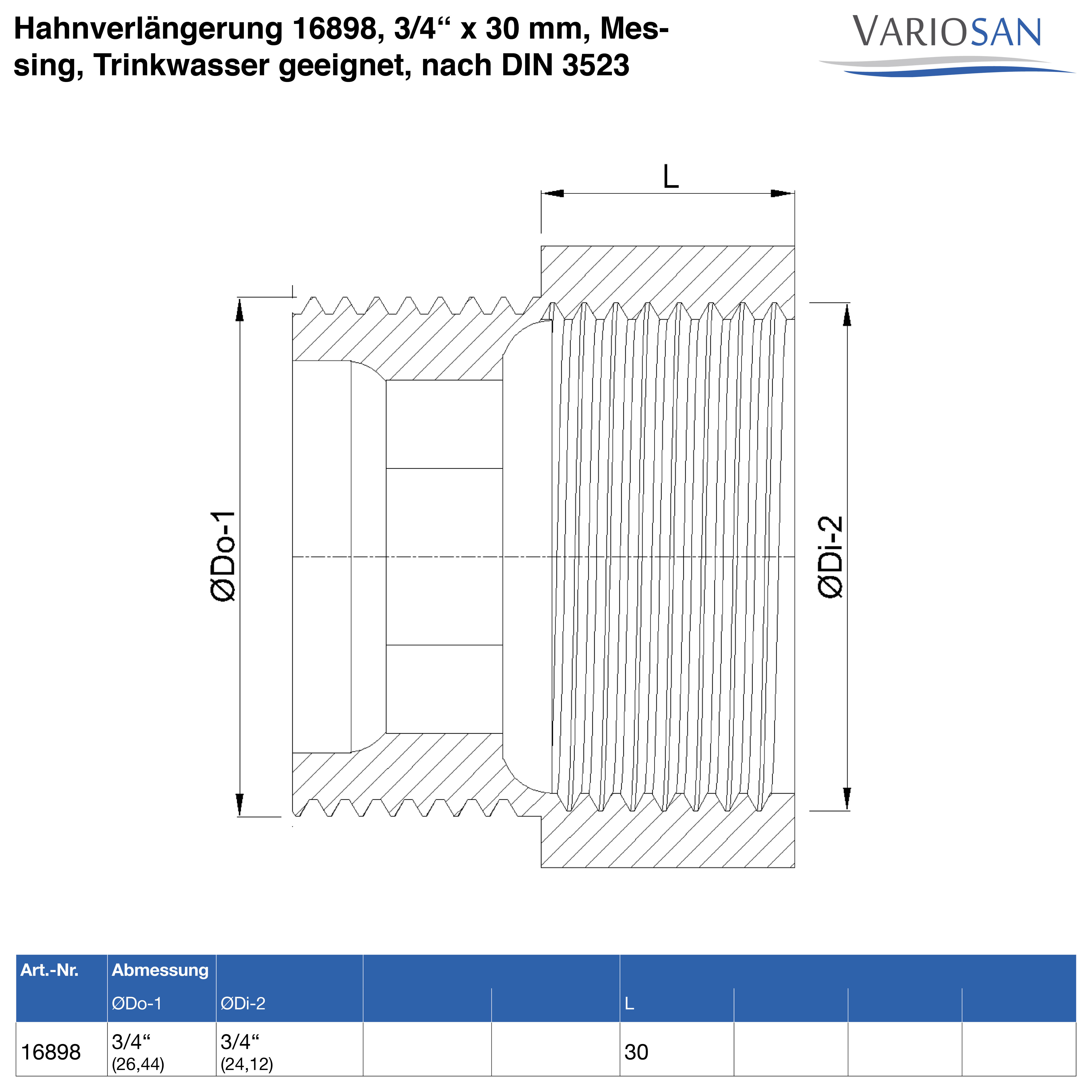 VARIOSAN Hahnverlängerung 16898, 3/4" x 30 mm, Messing, Trinkwasser geeignet, nach DIN 3523