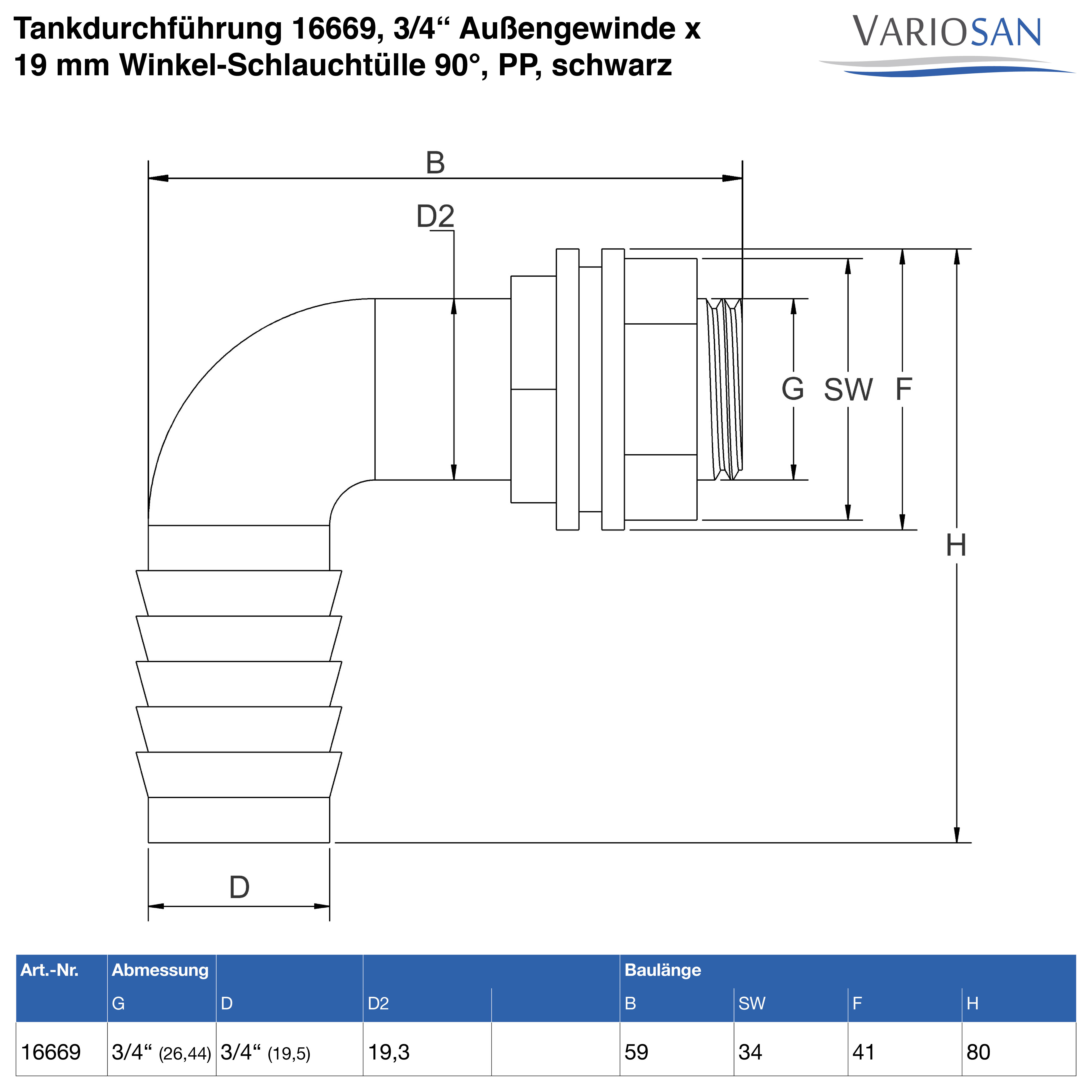 VARIOSAN Tankdurchführung 16669, 3/4" Außengewinde x 19 mm Winkel-Schlauchtülle 90°, PP, schwarz, inkl. Dichtung