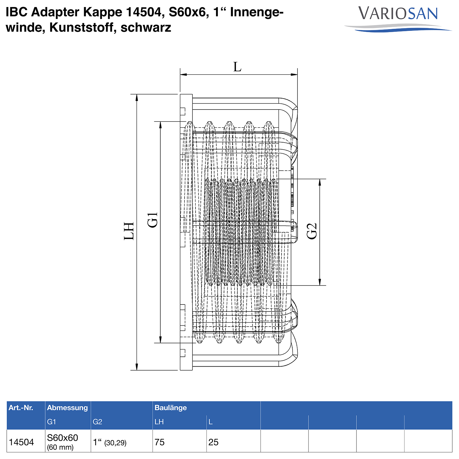 VARIOSAN IBC Adapter Kappe 14504, S60x6, 1" Innengewinde, Kunststoff, schwarz