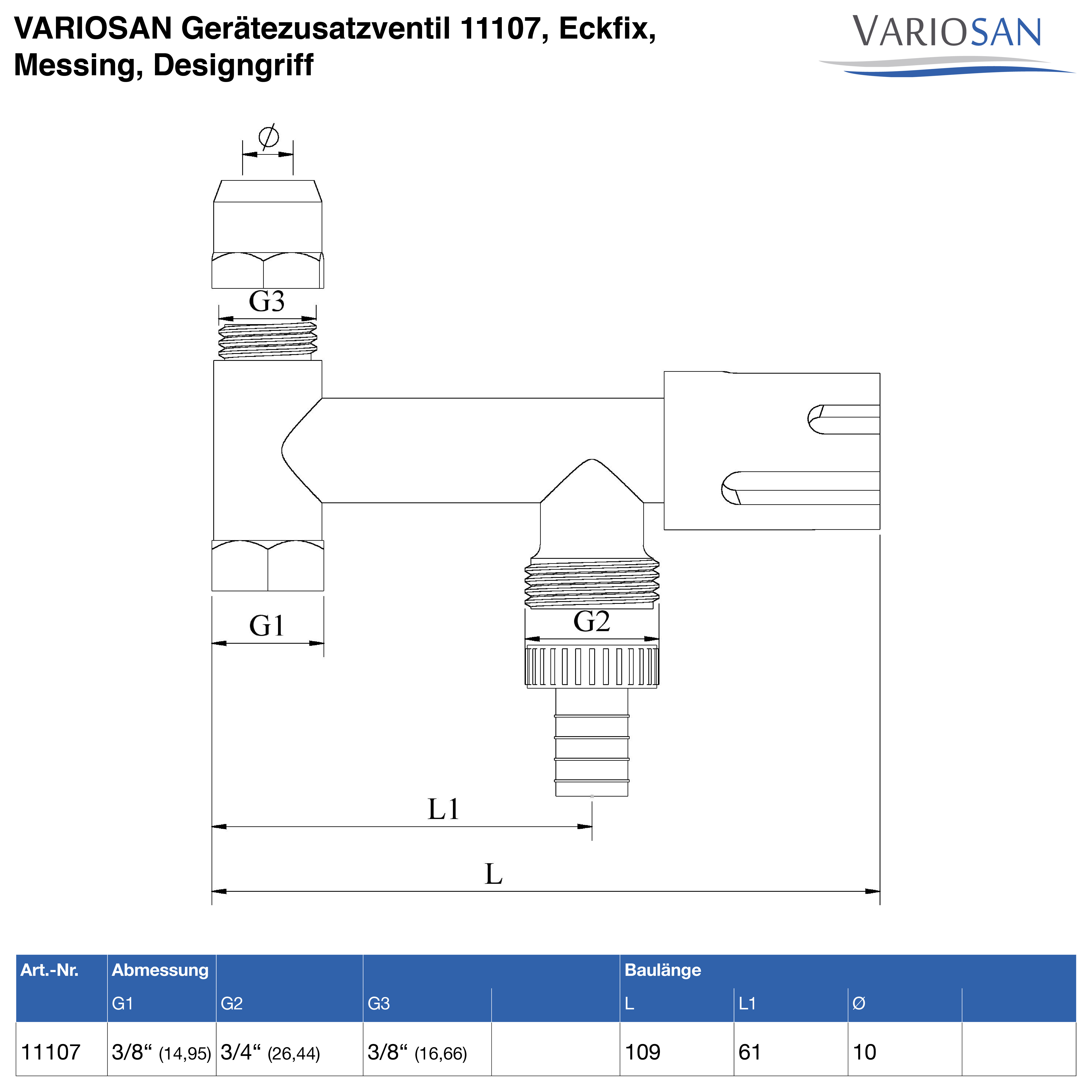 VARIOSAN Gerätezusatzventil 11107, Eckfix, Messing, Designgriff, Rückflußverhinderer, verchromt