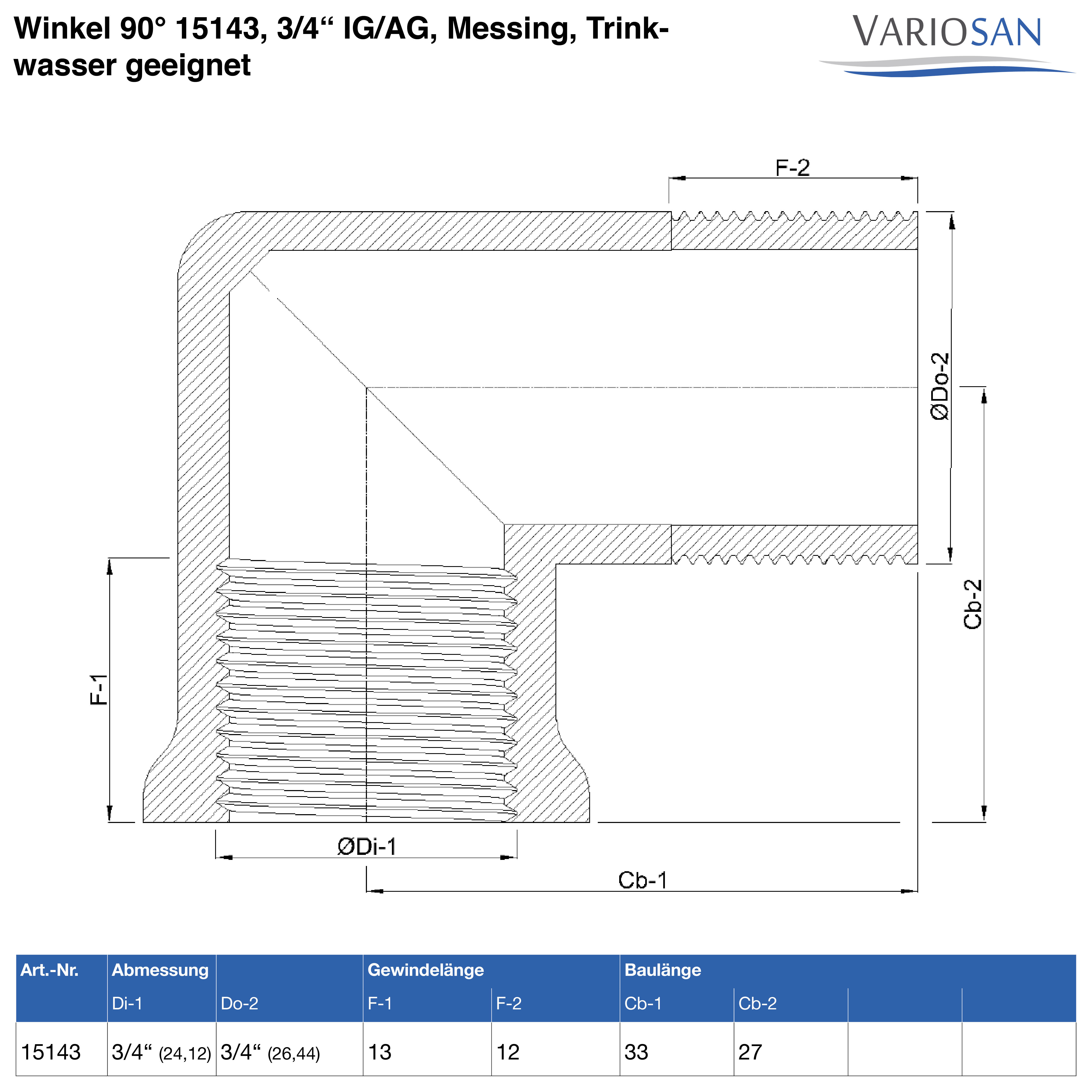 VARIOSAN Winkel 90° 15143, 3/4" IG/AG, Messing, Trinkwasser geeignet