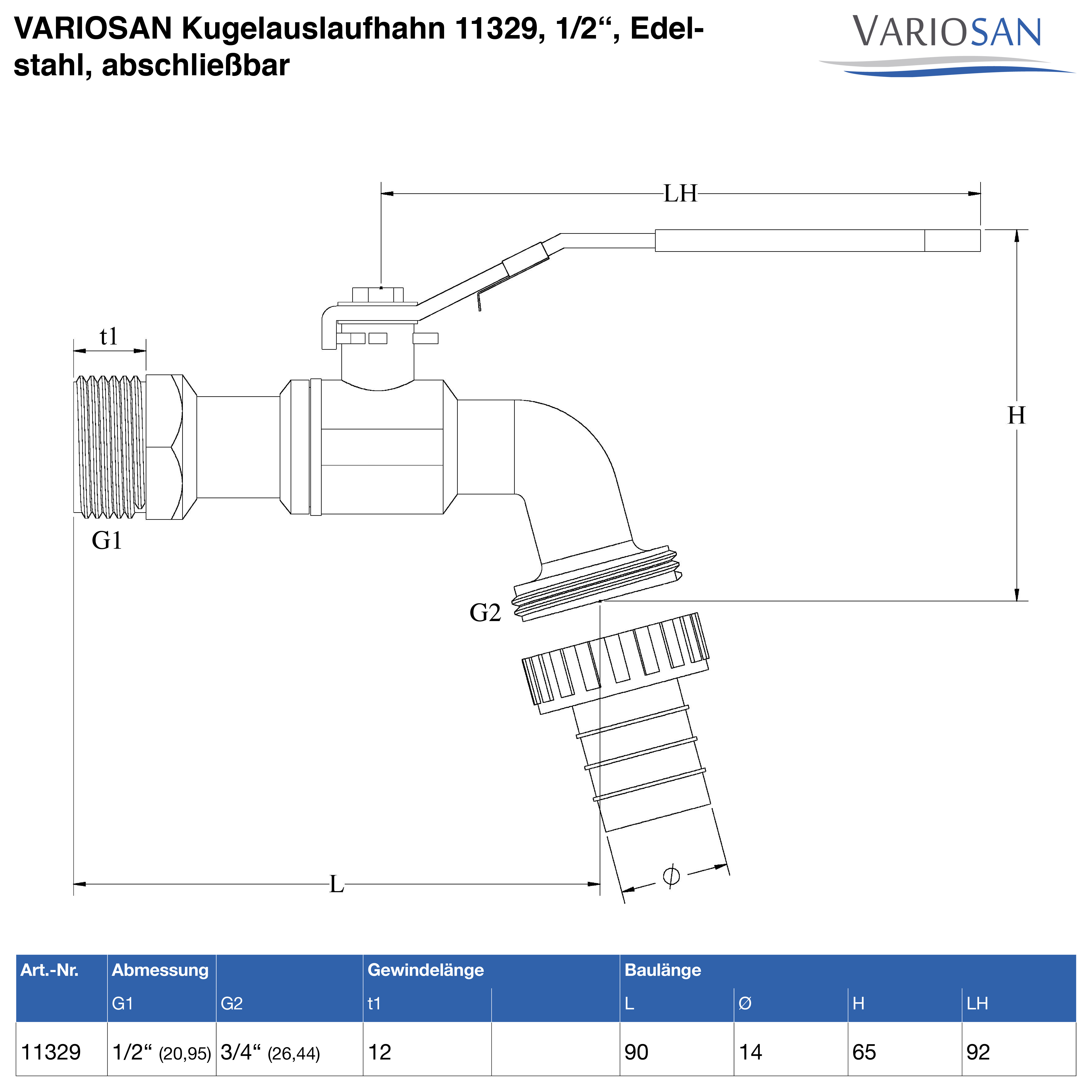 VARIOSAN Kugelauslaufhahn 11329, 1/2", Edelstahl, abschließbar, mit Schlauchverschraubung