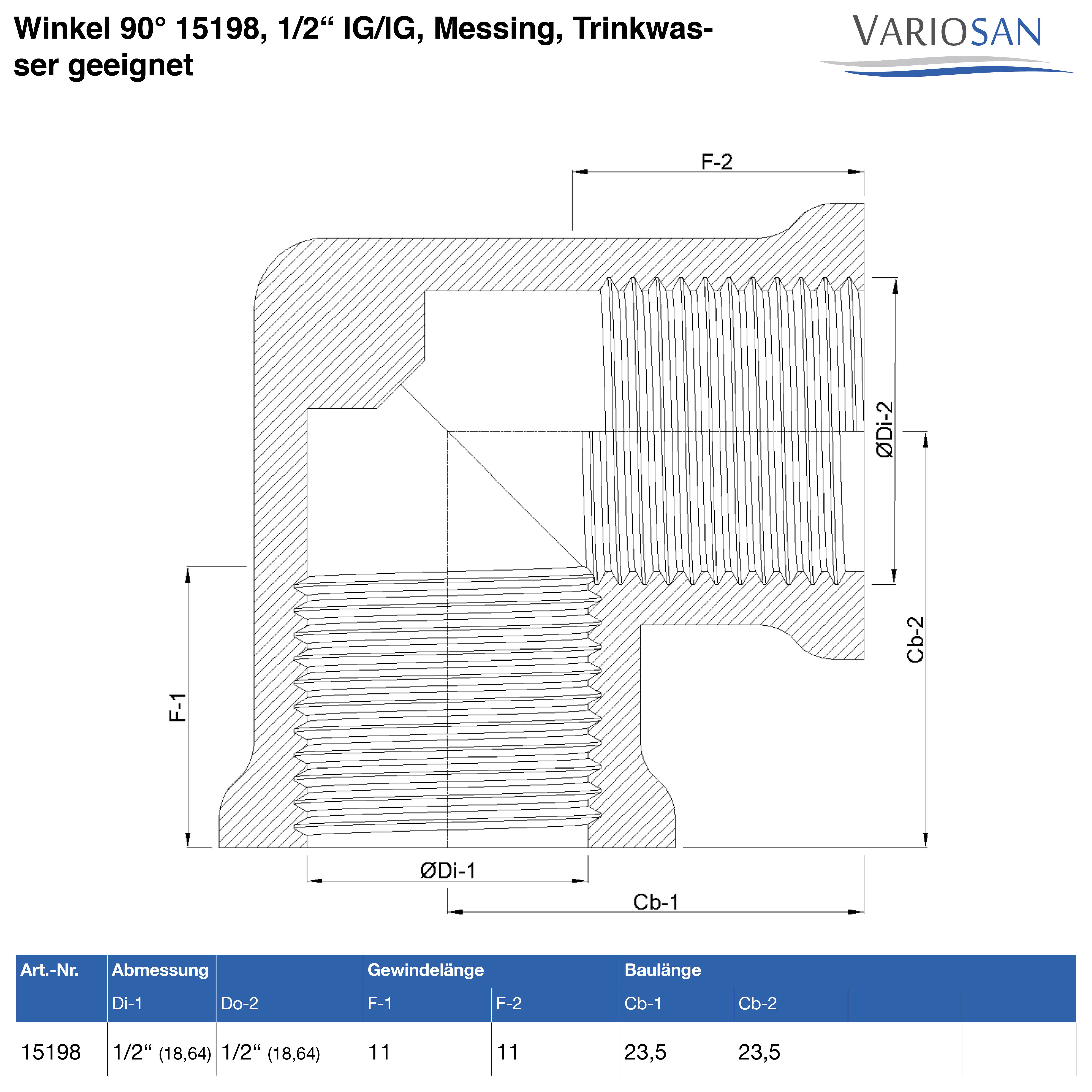 VARIOSAN Winkel 90° 15198, 1/2" IG/IG, Messing, Trinkwasser geeignet