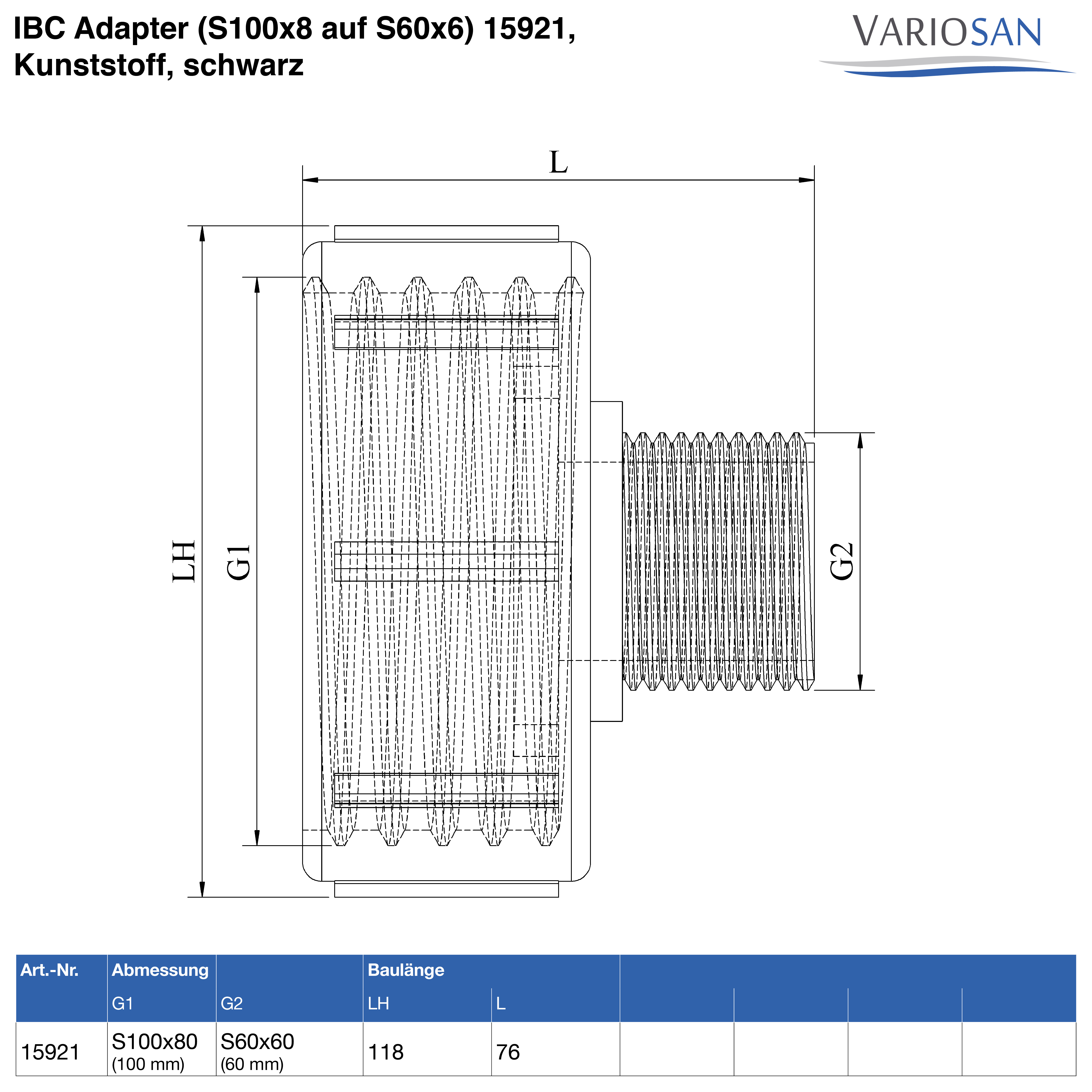 VARIOSAN IBC Adapter (S100x8 auf S60x6) 15921, Kunststoff, schwarz