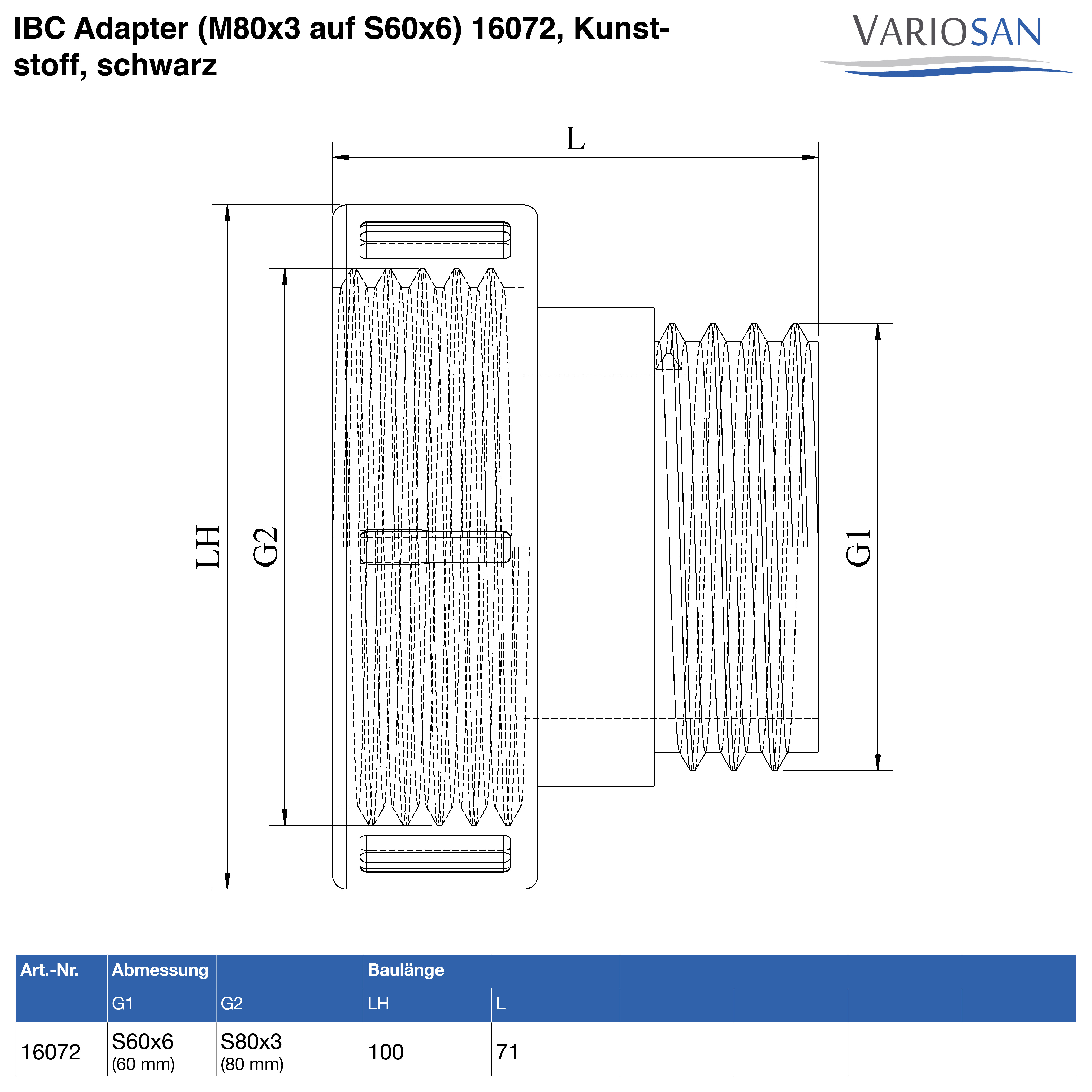 VARIOSAN IBC Adapter (M80x3 auf S60x6) 16072, Kunststoff, schwarz