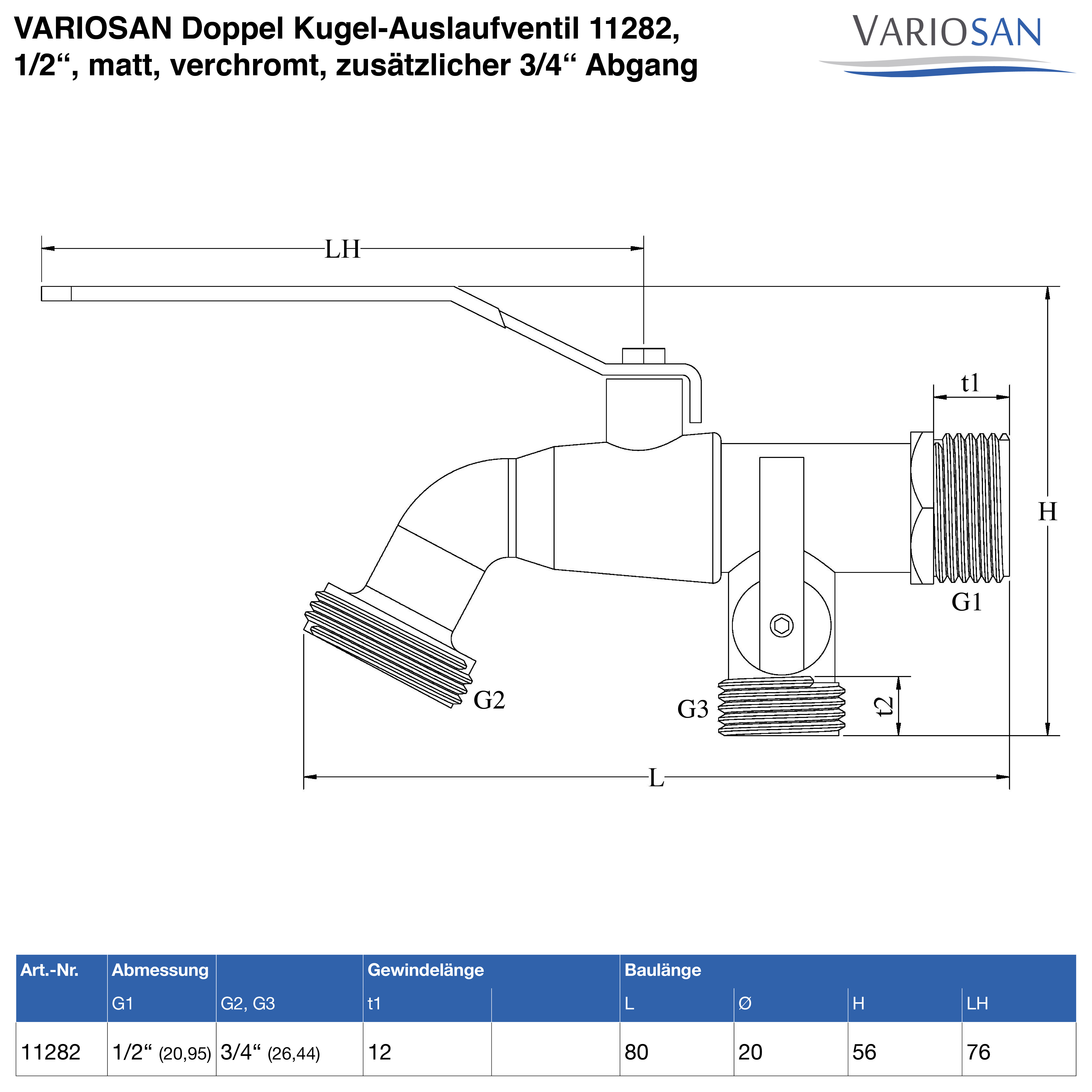 VARIOSAN Doppel Kugel-Auslaufventil 11282, 1/2", matt, verchromt, zusätzlicher 3/4" Abgang