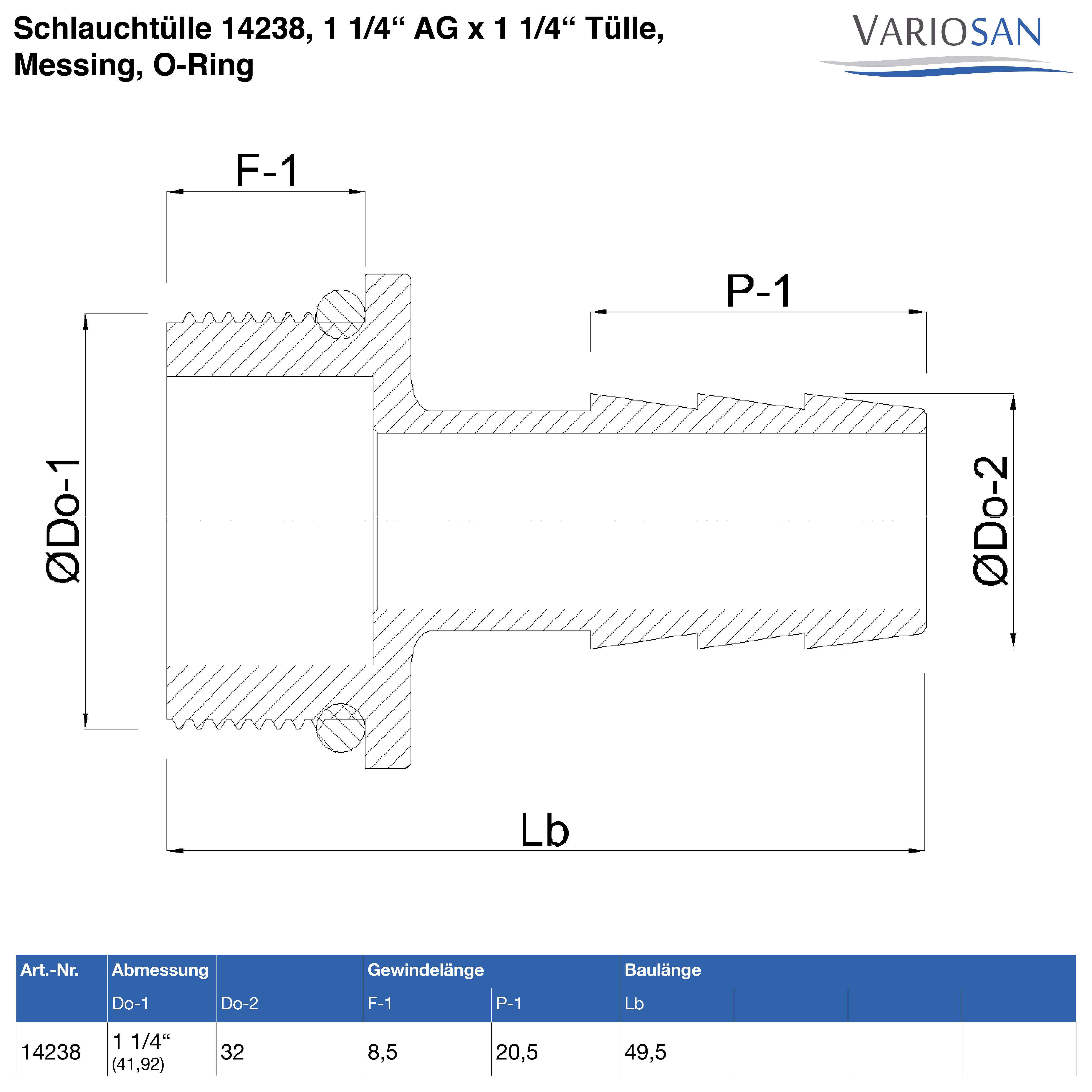 VARIOSAN Schlauchtülle 14238, 1 1/4" AG x 1 1/4" Tülle, Messing, O-Ring