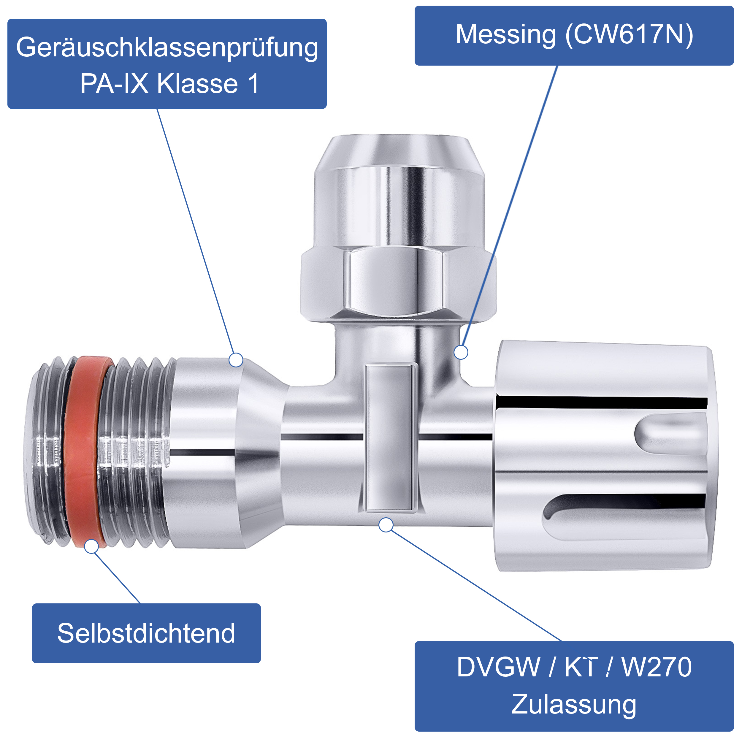 VARIOSAN Eckventil 14900, 1/2", Messing, DVGW/KTW/W270 Zulassung, selbstdichtend, verchromt